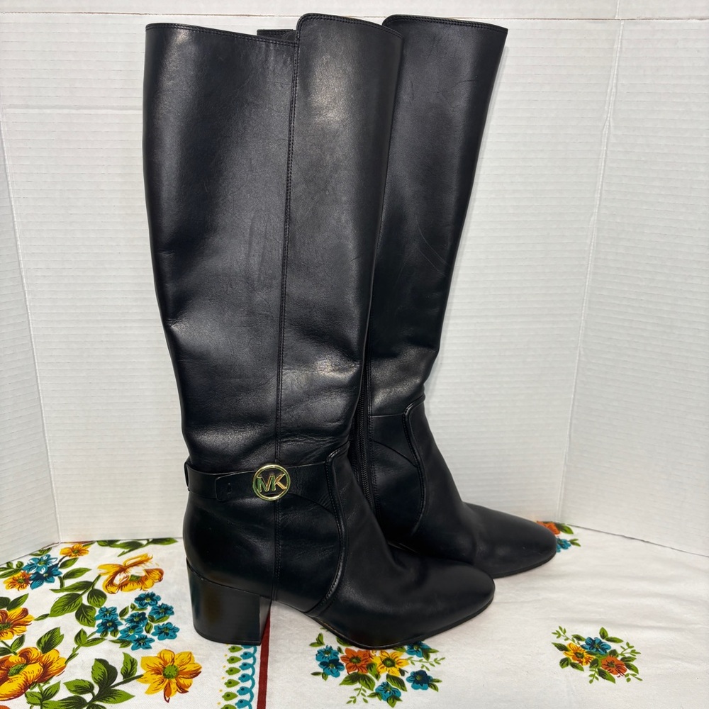 Michael Kors Carmen Riding Boot 7.5M Black Leather Knee Boots MK Logo
